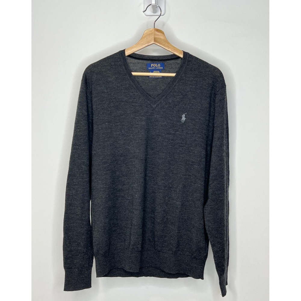 Polo Ralph Lauren V-Neck Merino Wool Sweater Mens Medium Gray Pullover Preppy